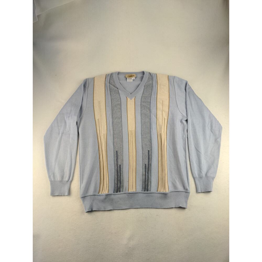 Mens Montechiaro V Neck Sweater Size M Pullover Blue Gray & Cream Made in Italy